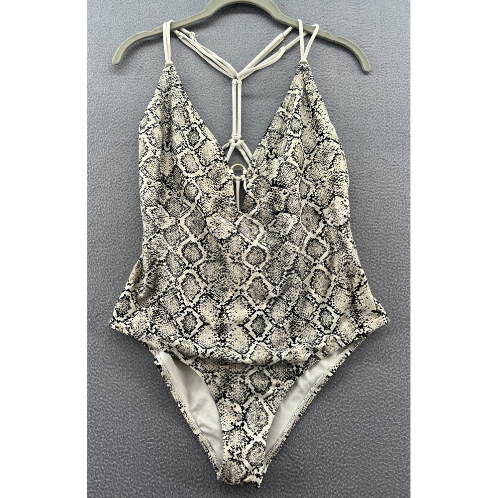 Bebe One Piece Swimsuit Sz M Snakeskin Strappy Cage Back Gold Metallic Neutral